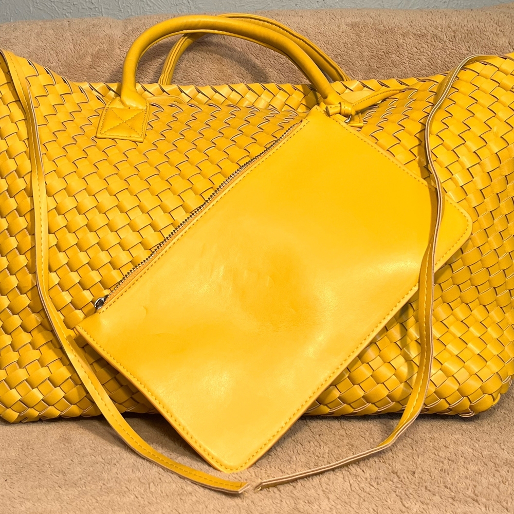 Yellow Woven Leather Tote Bag with Pouch